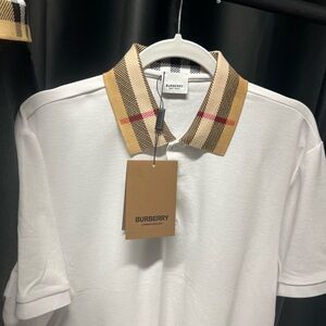 Burberry White Polo with Beige Check Collar and Red Trim